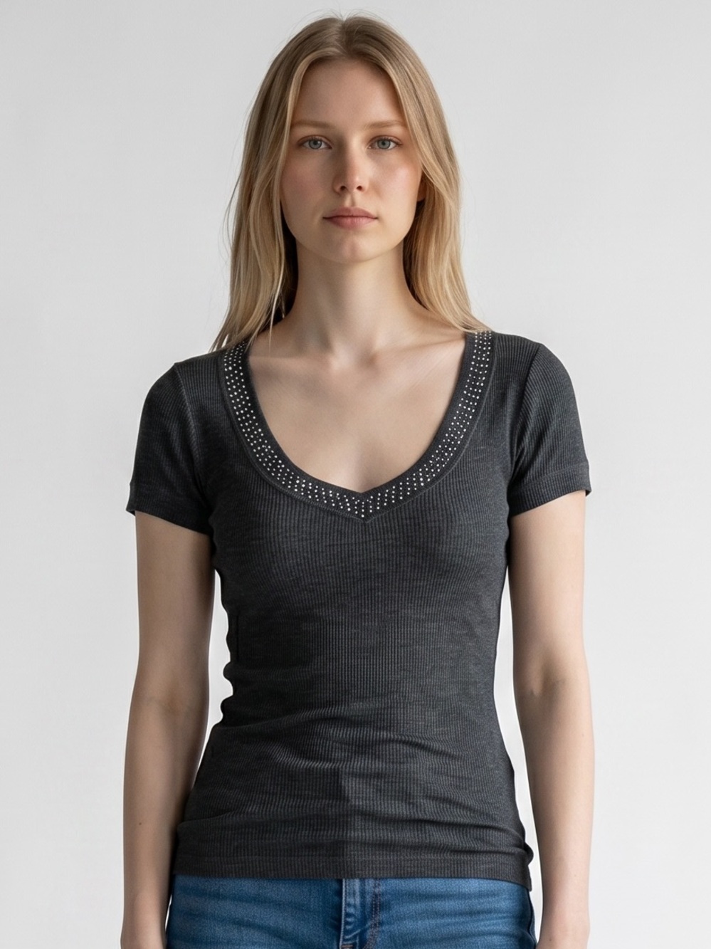 Zako Vintage Y2K Ribbed V- Neck Long Line Tee with Stud Detail - Charcoal. Small